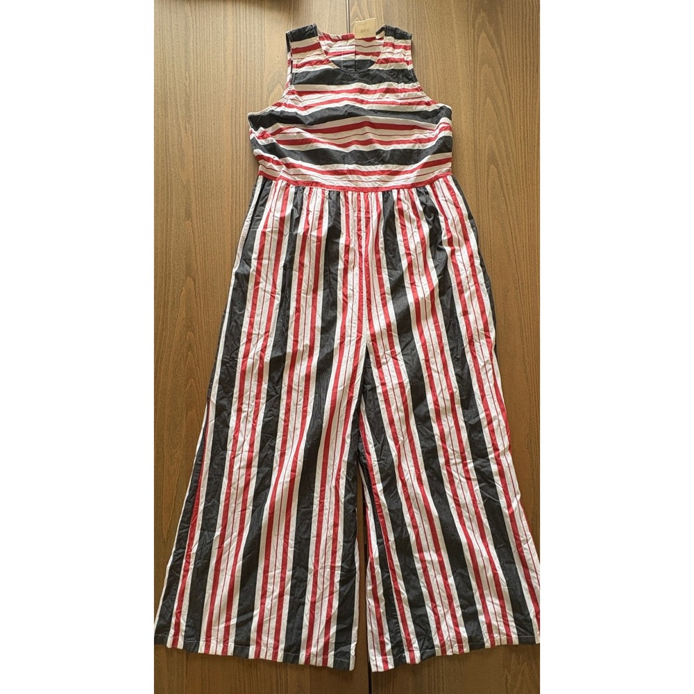 Maeve for Anthropologie Women Red Black White Striped Wide Leg Jumpsuit Pocket L